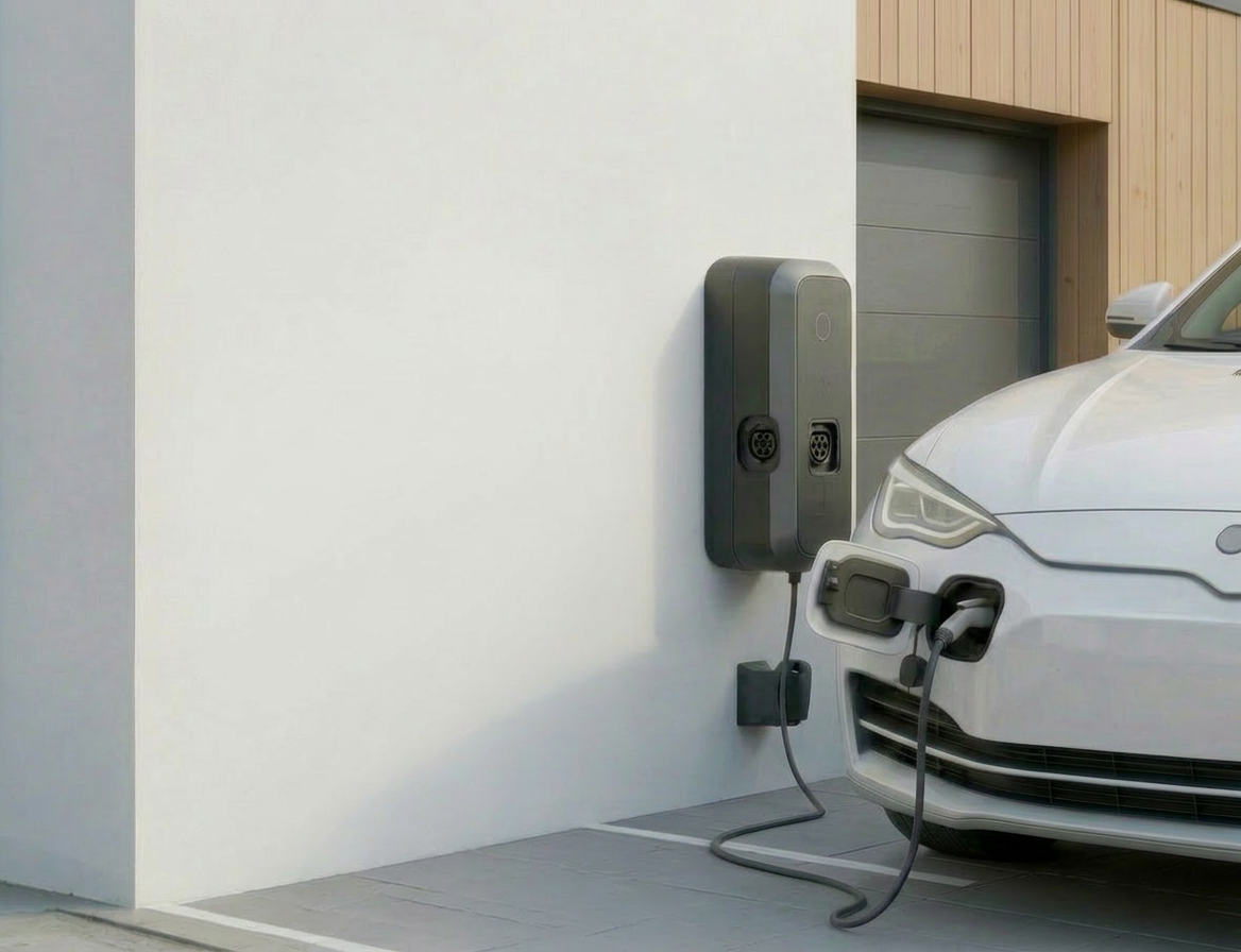 Voiture électrique chargeant sur une borne murale à domicile - Photo IA