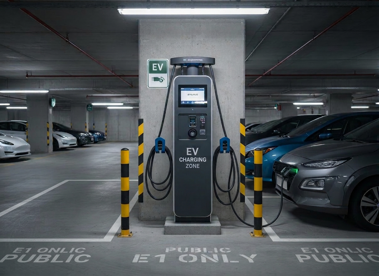 Borne de recharge dans un parking souterrain - Photo IA