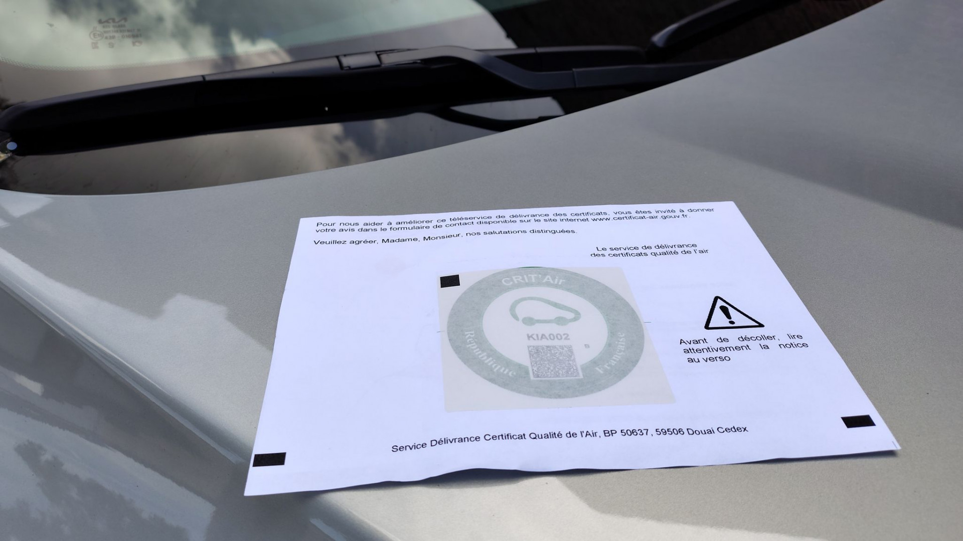 Lettre officielle du Ministère de la Transition écologique avec la vignette Crit'Air