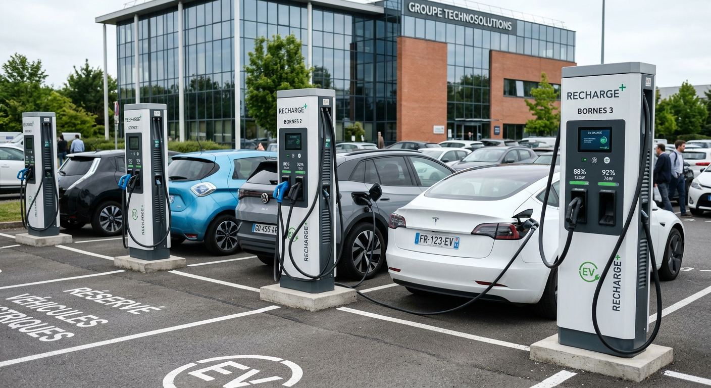 Parking d'entreprise avec bornes de recharge électrique - Photo IA