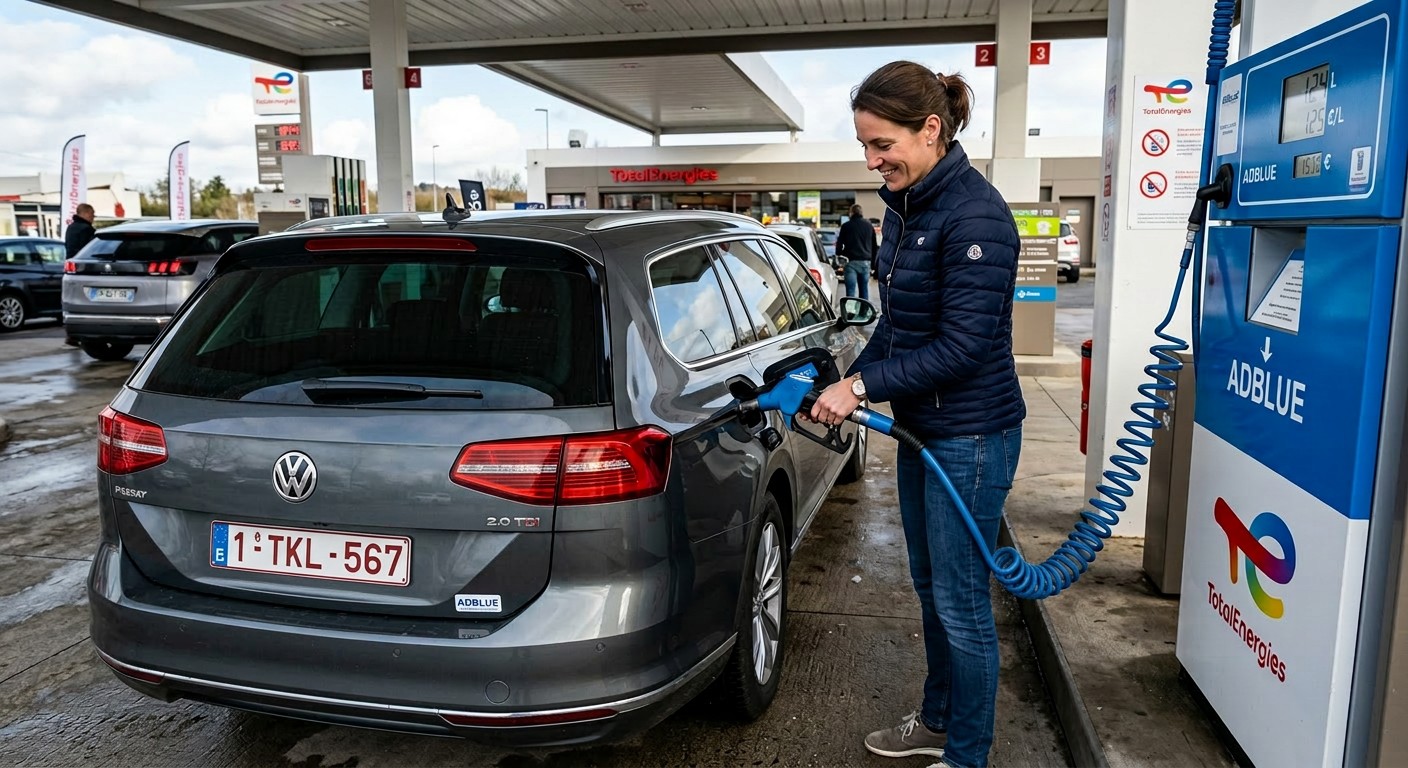 Femme faisant le plein d'AdBlue à sa voiture Diesel à une pompe en station service - photo IA