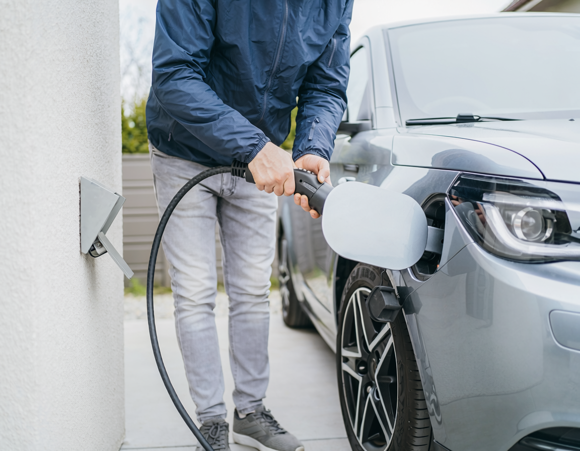 Voiture électrique branchée sur une prise domestique - photo IA